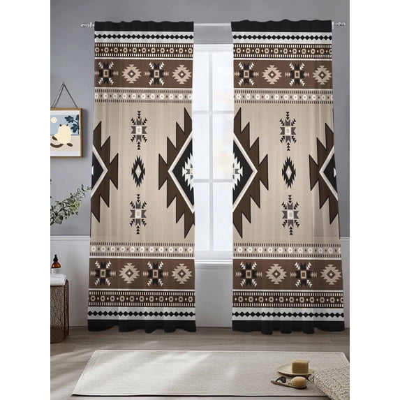 Brown Aztec Sheer Curtains for Living Room Bedroom Boho Southwest Ethnic Neutral Motifs Sheer Curtains 84 Inch Long 2 Panels Set Light Filtering Curtain Window Treatments Drapes for Dining Room