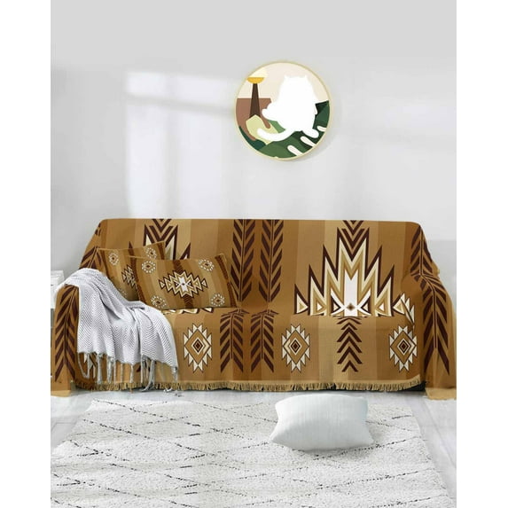 Brown Aztec Sofa Covers for 3 Cushion,Washable Couch Cover for Sectional Sofa Slipcovers,Southwest Geometric Antique Oriental Farmhouse Mexican Loveseat Covers Futon Cover Throw Blanket 71x118