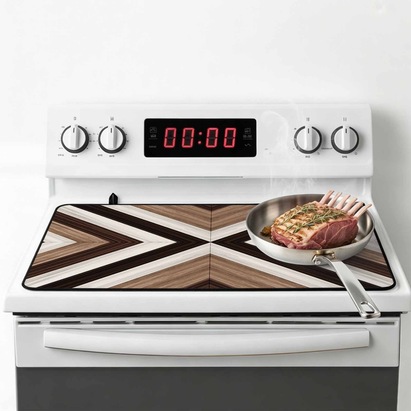 Brown Aztec Stove Top Cover for Electric Stove, Heat-proof & Non Slip Glass Top Stove Cover Protector, Abstract Southwest Black Vintage Wood Grain Kitchen Flat Cooktop Rubber Mat 24x21 Inches