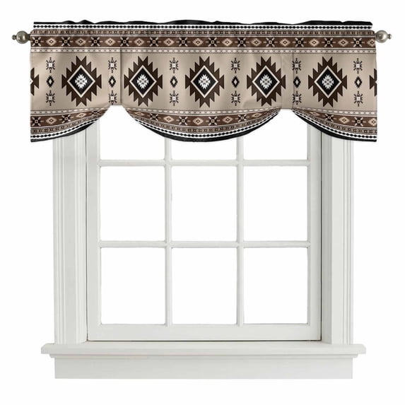 Brown Aztec Tie Up Valance Curtains for Windows, Kitchen Curtains Window Treatments, Boho Southwest Ethnic Neutral Motifs Short Window Shades Valances for Bedroom Bathroom Cafe 42"x12"