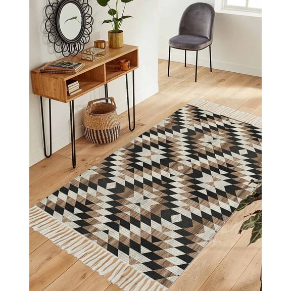 Brown Aztecs Area Rug 3x5ft Woven Runner Rug,Abstract Southwest Geometric Vintage Tribal Washable Living Room Hallway Bedroom Kitchen Carpet with Tassels,Indoor Outdoor Throw Door Mat for Entryway