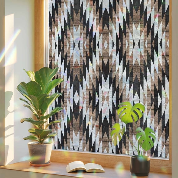 Brown Aztecs Privacy Window Film, Decorative Stained Glass Window Film, Abstract Southwest Geometric Vintage Tribal Resuable Rainbow Static Cling for Home Bathroom Living Room Glass Door 23.6"x59"