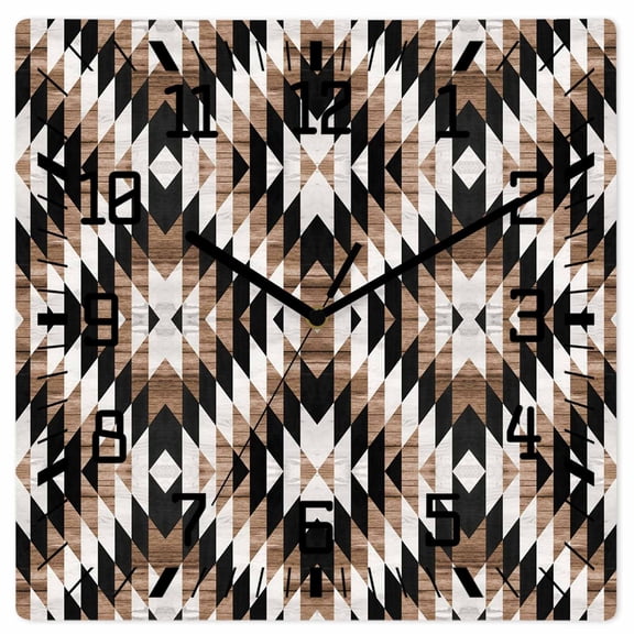 Brown Aztecs Wooden Wall Clock Silent Non Ticking, Abstract Southwest Geometric Vintage Tribal Square Wall Clocks Battery Operated, Decor Clock for Home Office, Living Room, Kitchen, 10 Inch