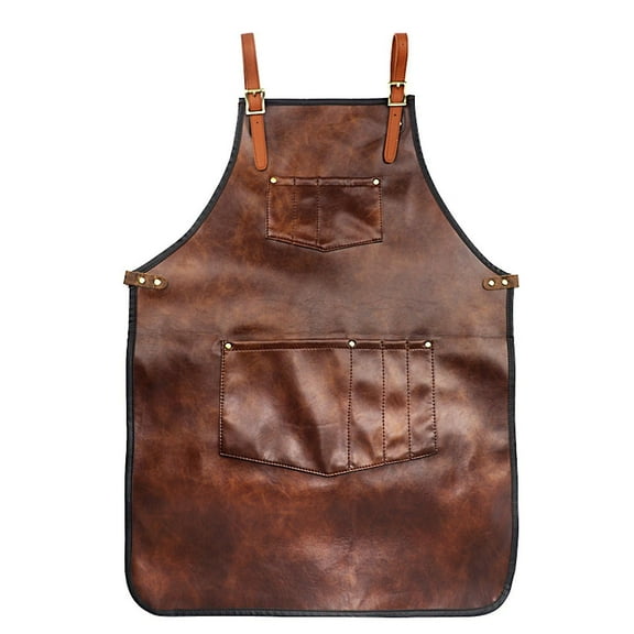 Brown B Chef Apron For Men Women Waterproof Leather Apron With Pockets Cross-Back Straps For Kitchen Bbq Cooking Barber Barista Apron Handworking