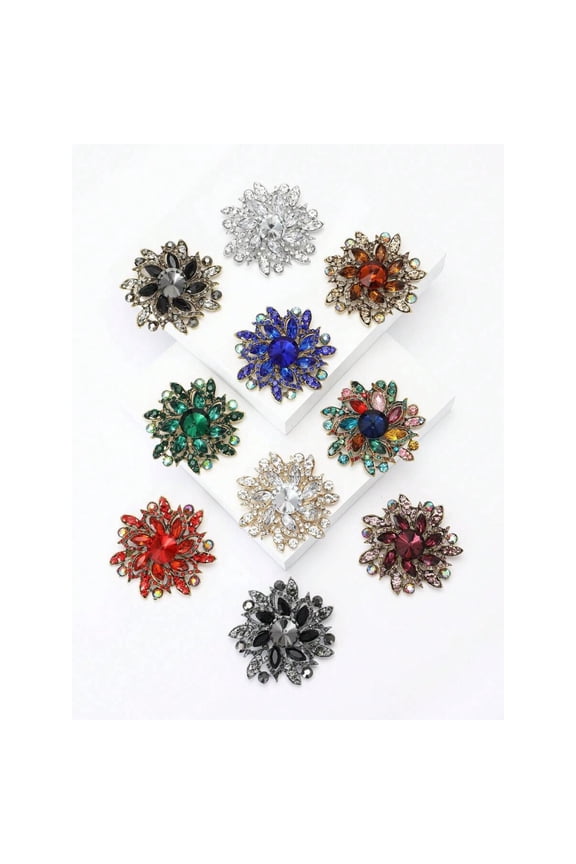 Brown (BR) Fashion Crystal Flower Brooch, Goldtone Pin With Amber & Clear Crystals For Women