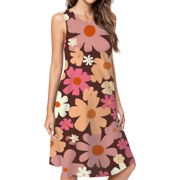 Brown Background Floral Retro Print Casual Sleeveless Loose Sundress Dress For Women Summer Dress Daily Woman