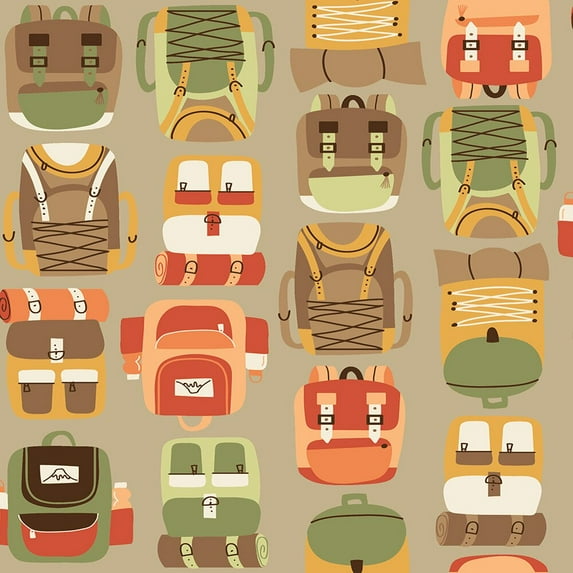 Brown Backpack Hiking Camping fabric, Camping Crew Backpacks cotton, Sold by the Quarter Yard