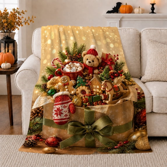 Brown Bag Teddy Bear Christmas, Festive Holiday Scene, Warm Flannel Blanket for Cabin and Lodge with Detailed Artwork, Art Lovers Christmas Gift, Festive Home Decor