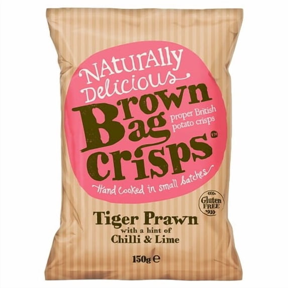 Brown Bag Tiger Prawn with Chilli and Lime potato crisps 150g, British Import (Pack of 3)