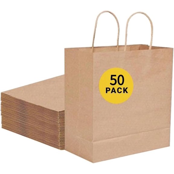 Brown Bags 50Pack 13x7x14 Inch Paper Bags Durable, with Handles, , Bulk, for Shopping, for Retail, for Merchandise Packaging