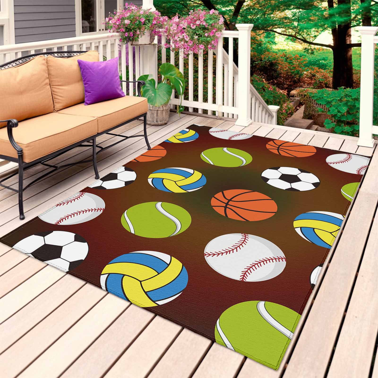 Softball Rug Brown Balls Outdoor Rug 5x8 Ft, Non Slip Washable Area Rug, Baseball ...
