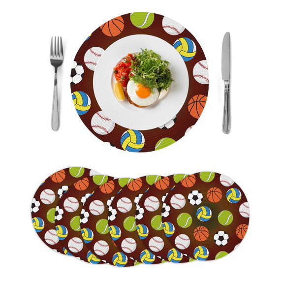 Brown Balls Round 13 Inch Placemats Set of 6, Baseball Tennis Basketball Football HeatResistant Non Slip Place Mats for Dining Table, Wipeable Braided Kitchen Table Mats for Housewarming