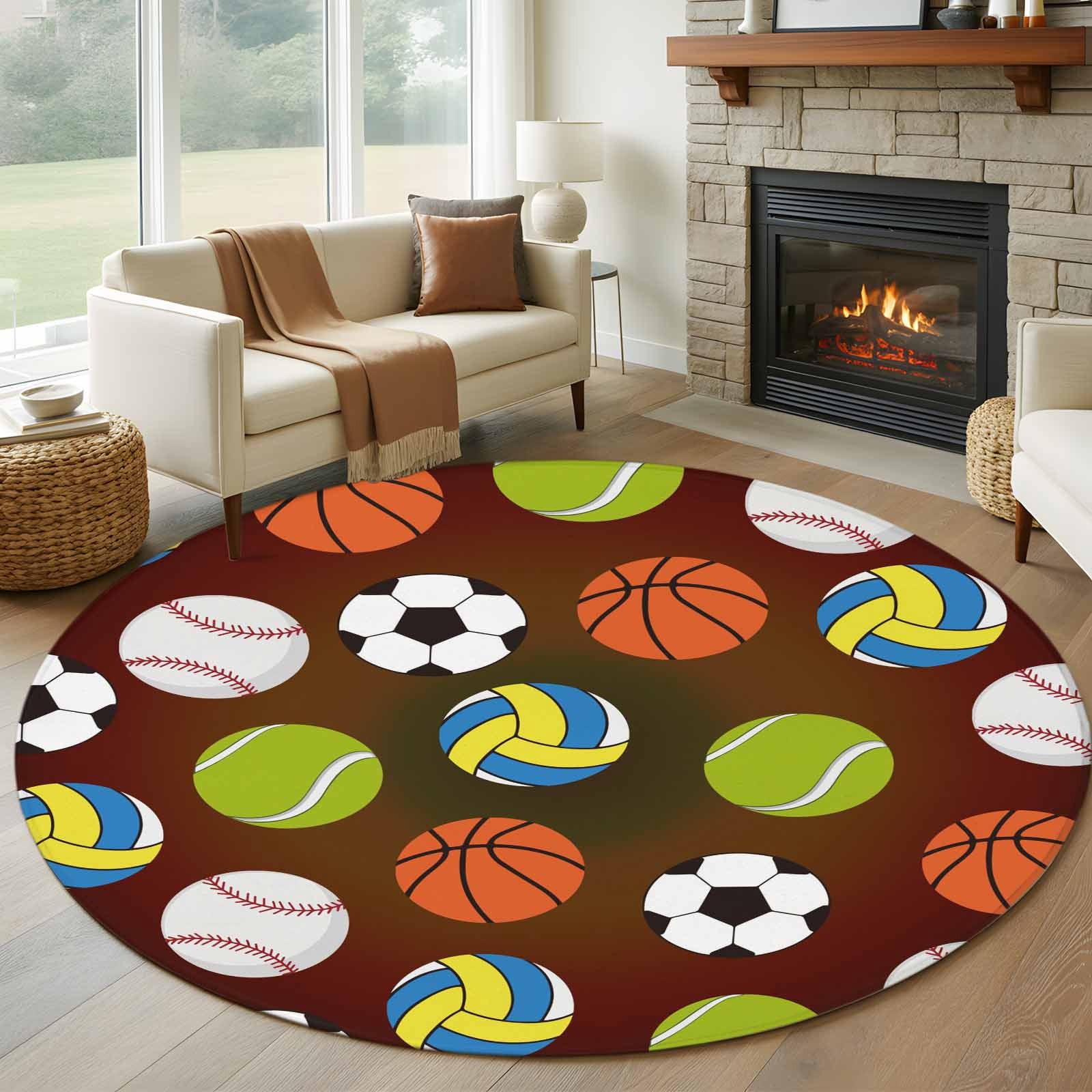Brown Balls Round Area Rug 6Ft Washable Circle Rugs for Bathroom Office ...