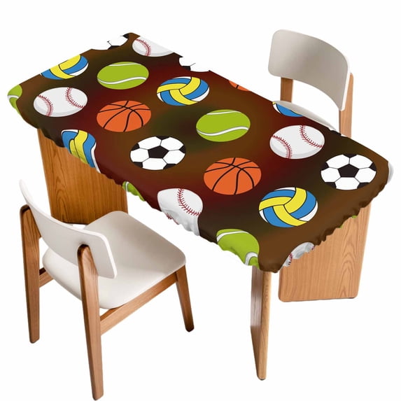 Brown Balls Table Cloths for 5 Foot Rectangle Tables, Baseball Tennis Basketball Football Patio Waterproof Elastic Fitted Tablecloths, Washable Rectangular Table Cover for Camping