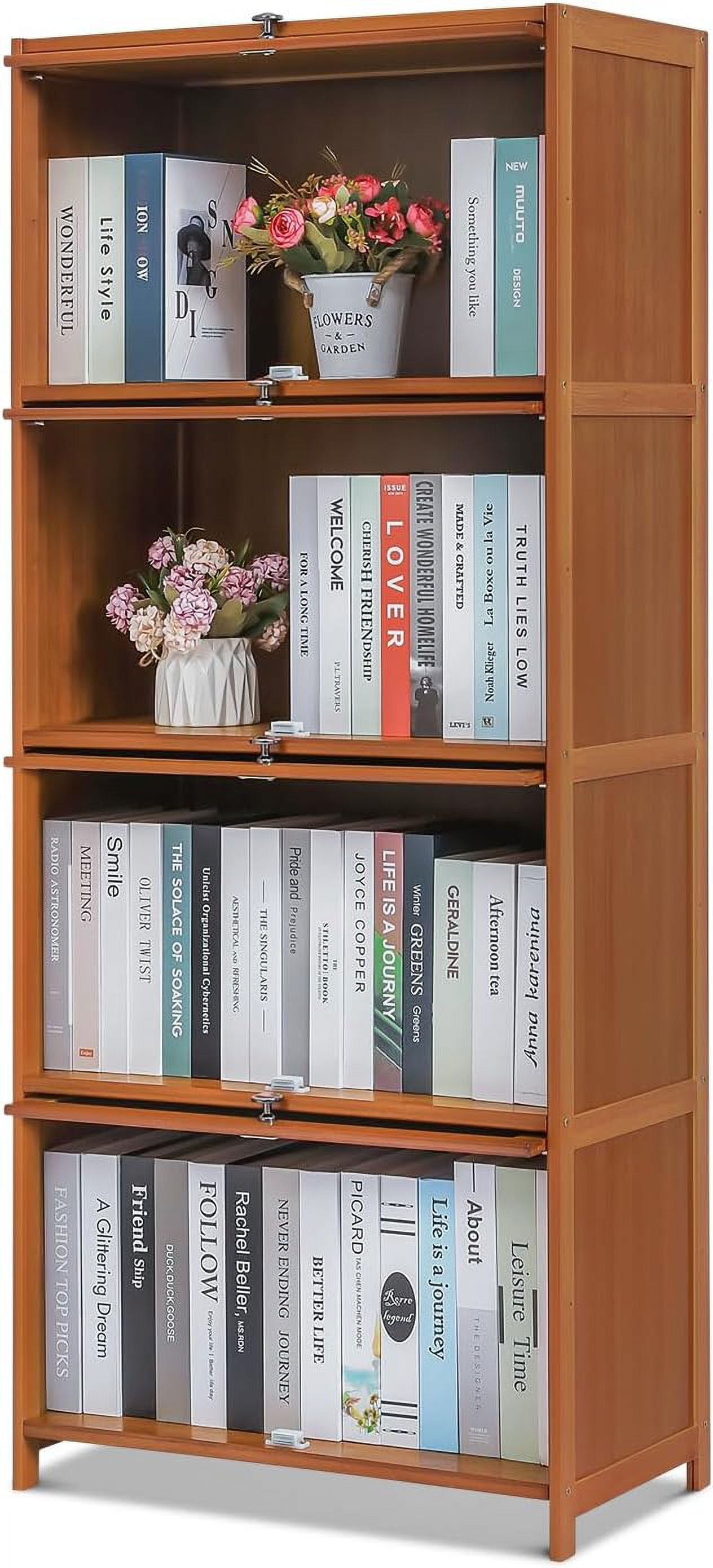 Brown Bamboo 4Tier Storage Bookcase with FlipUp Doors Freestanding