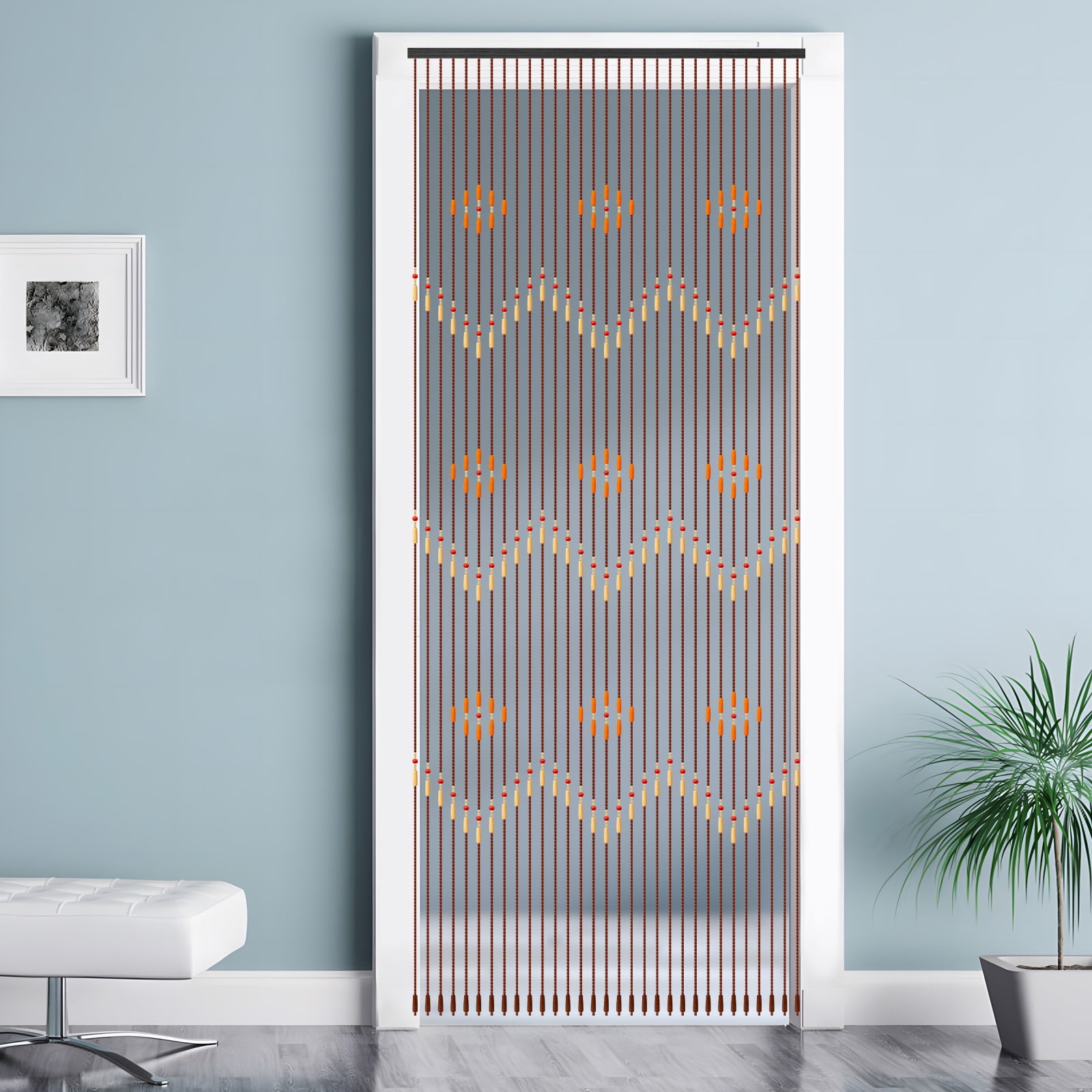 Bamboo Beaded Curtain, Brown Classical Style with Cotton Thread Construction, Floral Pattern Symbolizing Happiness and Peace