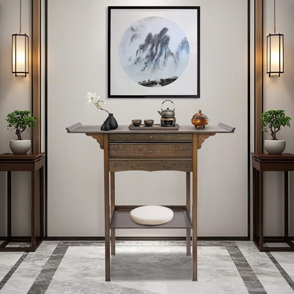 Brown Bamboo MDF 100x40x100cm Double-Layer Chinese Porch Desk with Drawer Storage Meditation Table