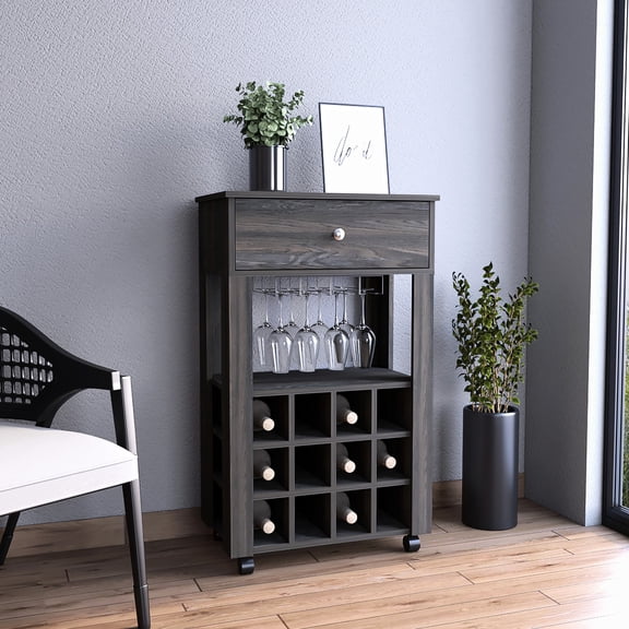 Brown Bar - 12 Wine Rack & 8 Glass Stemware - Party Zone - Drawer Storage