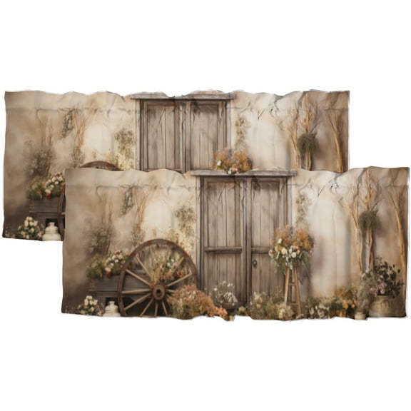 Brown Barn Door Curtain Valances for Kitchen Windows Western Country Retro Rural Rustic Farmhouse Rod Pocket Window Valance for Living Room Bathroom Bedroom Kitchen 54 by 18 in, 2 Panel