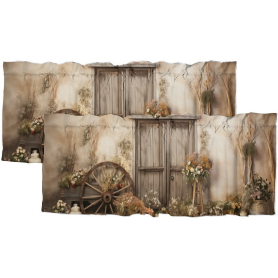 Brown Barn Door Curtain Valances for Kitchen Windows Western Country Retro Rural Rustic Farmhouse Rod Pocket Window Valance for Living Room Bathroom Bedroom Kitchen 54 by 18 in, 2 Panel