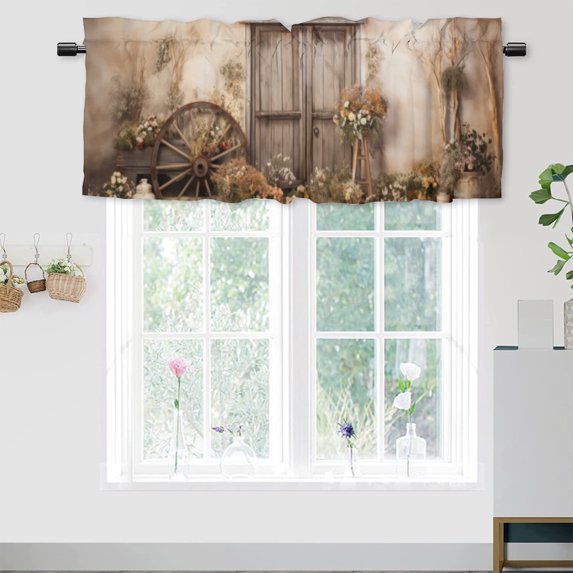 Brown Barn Door Printed Window Curtains Valances Western Country Retro Rural Rustic Farmhouse Window Valance for Living Room Bedroom, Kitchen Valance Rod Pocket Window Curtain