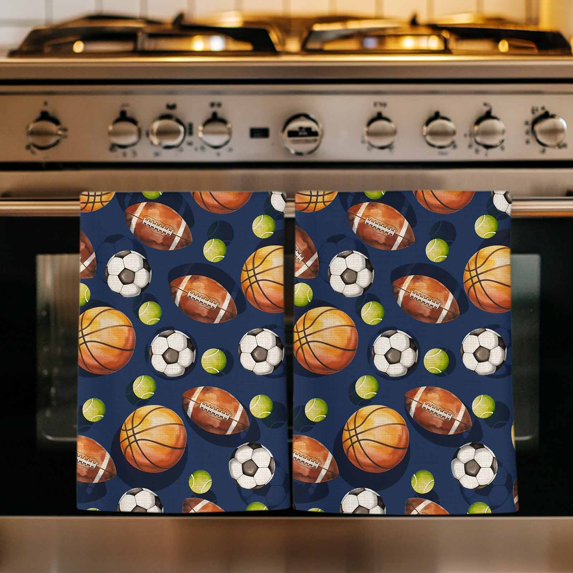 Brown Basketball Football Kitchen Towels Set of 3, Ball Watercolor Navy Blue Absorbent Dish Towels for Kitchen, Microfiber Hand Towel, Quick Drying Tea Towel for Cleaning Decorative Dishcloths