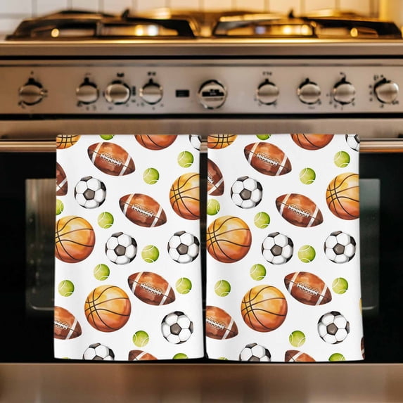 Brown Basketball Football Kitchen Towels Set of 4, Modern Art Ball Watercolor Absorbent Dish Towels for Kitchen, Microfiber Hand Towel, Quick Drying Tea Towel for Cleaning Decorative Dishcloths