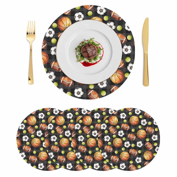 Brown Basketball Football Round 13 Inch Placemats Set of 4, Checkered Ball Watercolor HeatResistant Non Slip Place Mats for Dining Table, Wipeable Braided Kitchen Table Mats for Housewarming