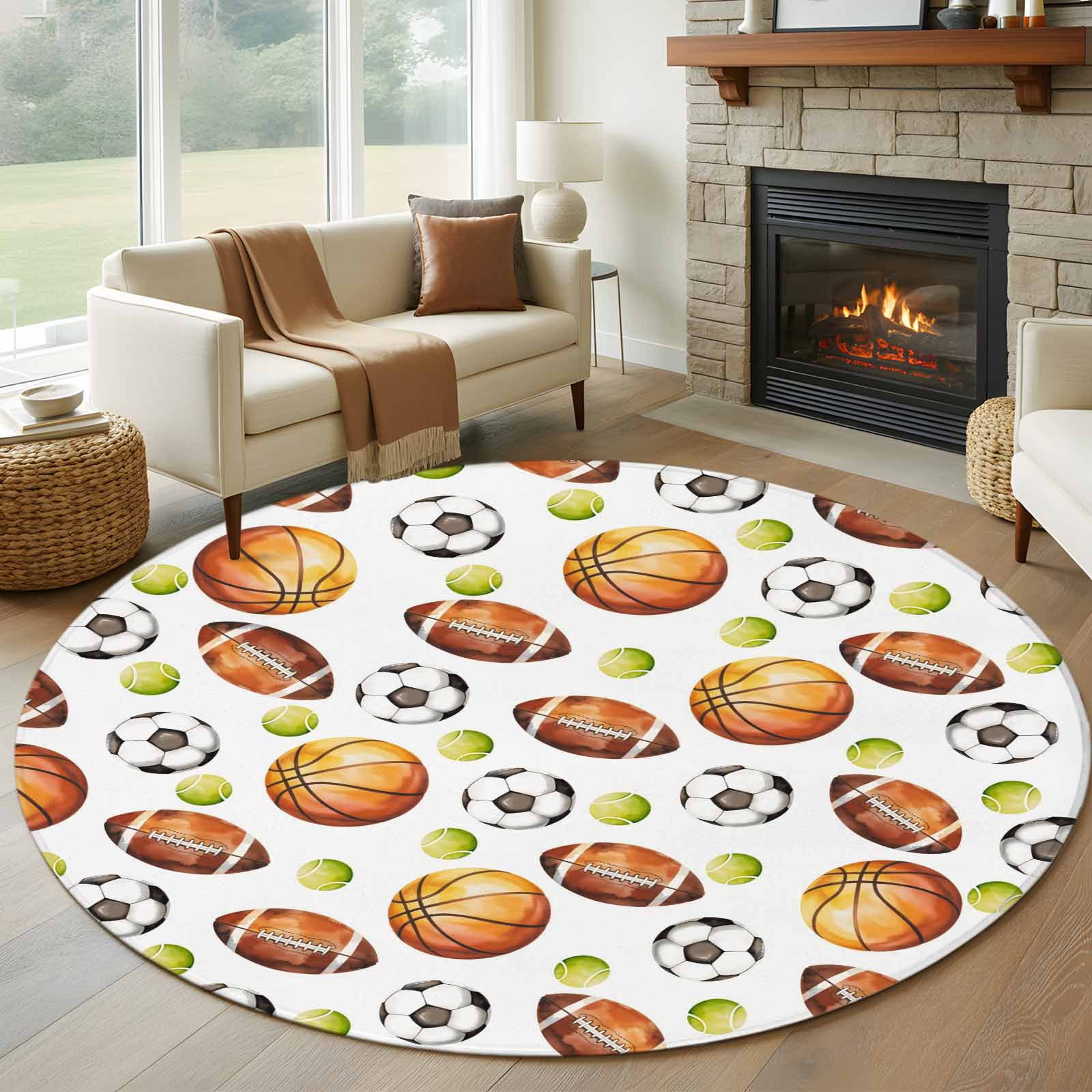 Brown Basketball Football Round Area Rug 7Ft Washable Circle Rugs for ...