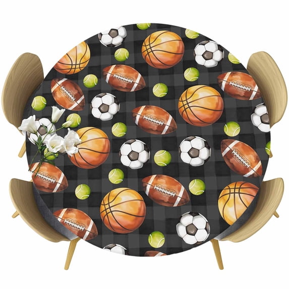 Brown Basketball Football Round Tablecloth 36-44 Inch Round Fitted Table Cloth with Elastic Edge, Checkered Ball Watercolor Waterproof Table Cover Protector for Outdoor Picnic Party Dining