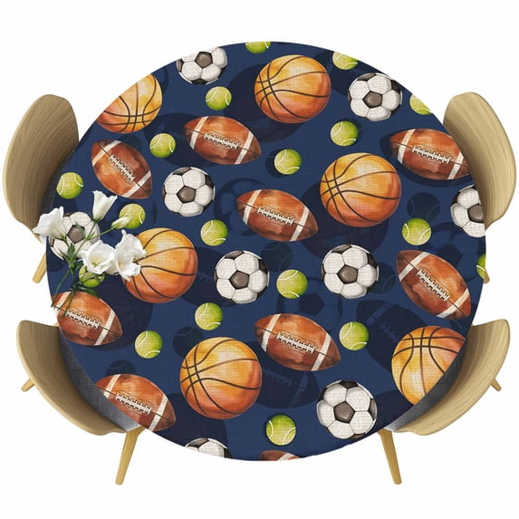 Brown Basketball Football Round Tablecloth 45-54 Inch Round Fitted Table Cloth with Elastic Edge, Ball Watercolor Navy Blue Waterproof Table Cover Protector for Outdoor Picnic Party Dining
