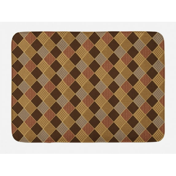Brown Bath Mat, Lozenge Pattern in Patchwork Style Classical Old Fashioned Floral, Non-Slip Plush Mat Bathroom Kitchen Laundry Room Decor, 29.5 X 17.5 Inches, Brown Pale Brown Cinnamon, Ambesonne