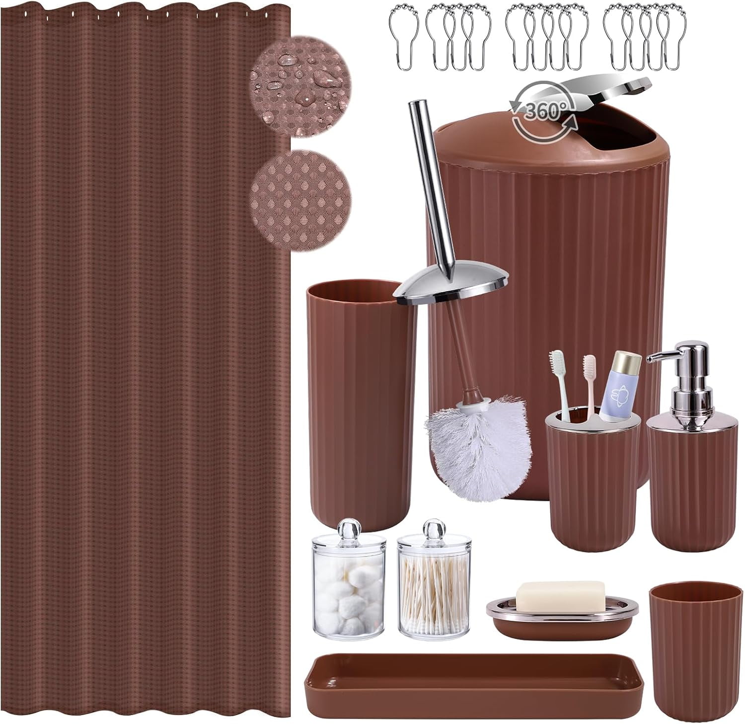 Brown Bathroom Accessories Set Complete with Shower Curtain,10-Piece ...