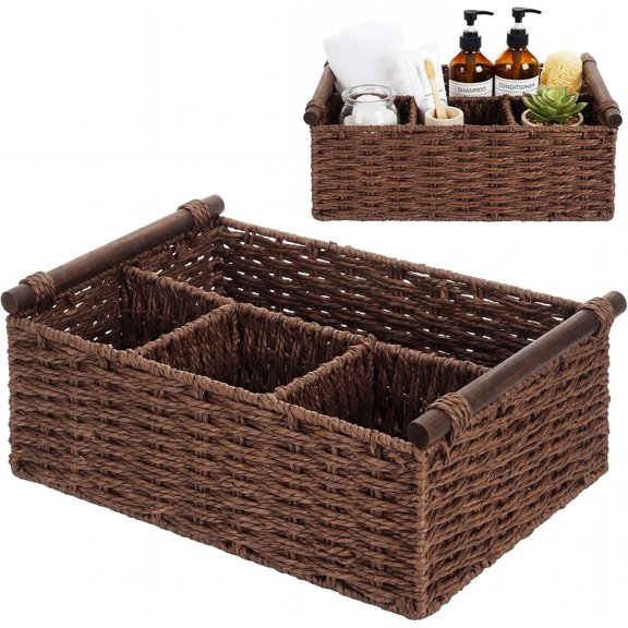Brown Bathroom Countertop Organizer , Wicker-like Divided Basket with Handle and Metal Frame, 4 Compartment, Paper Rope Storage Organizer for Kitchen (10.24 x 7.87 x 3.94 in)