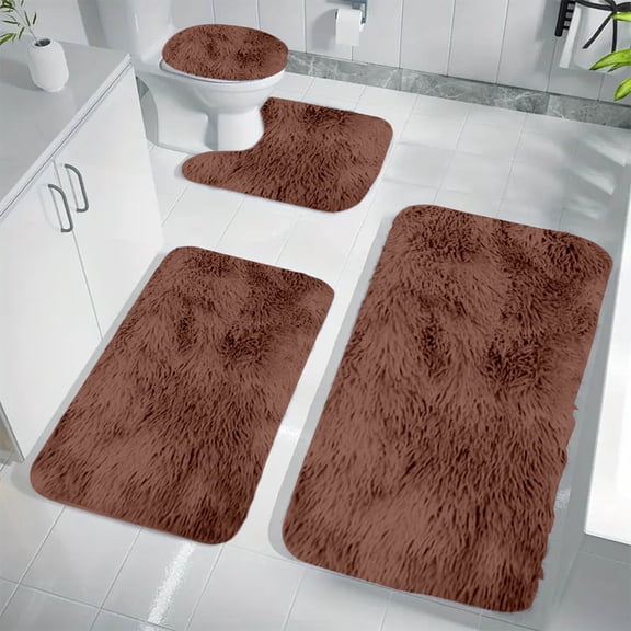 Brown Bathroom Rug Set, Bathroom Mat Set, Fluffy Bathroom Rug Mat, Bath Rugs for Bathroom Washable, Non Slip Bathroom Rugs, Absorbent Thick Microfiber Mats, 4-Piece Set