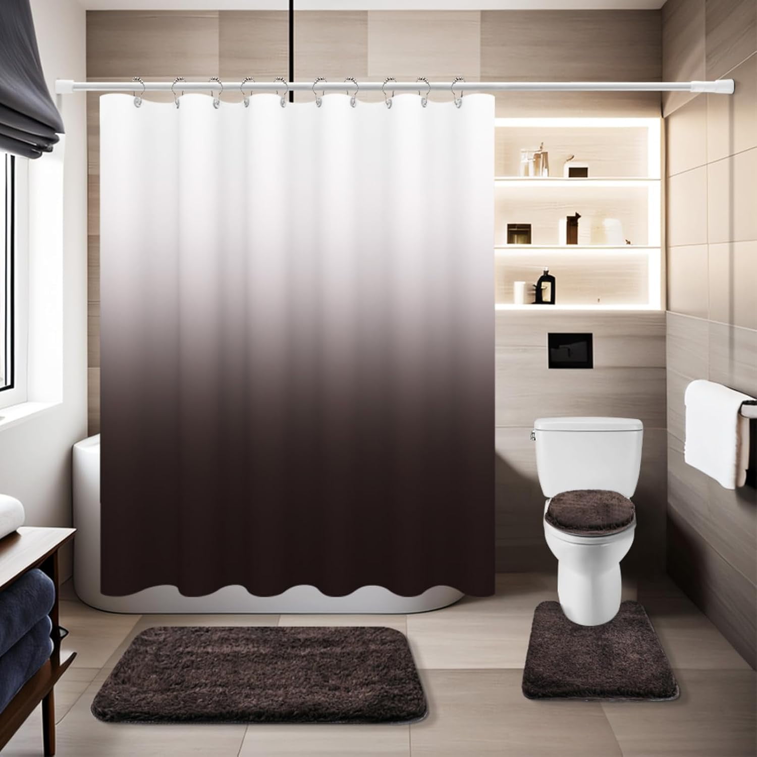Brown Bathroom Set with Waterproof Shower Curtain and Soft Rugs - 1 ...