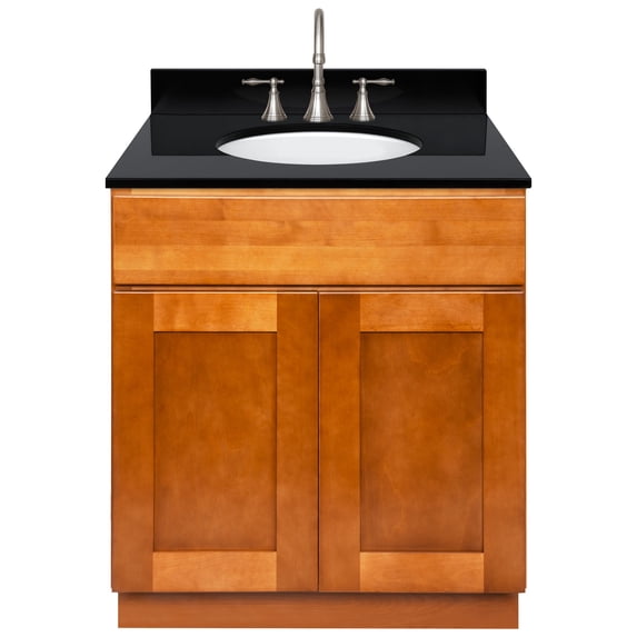 Brown Bathroom Vanity 30", Absolute Black Granite Top, Faucet LB7B