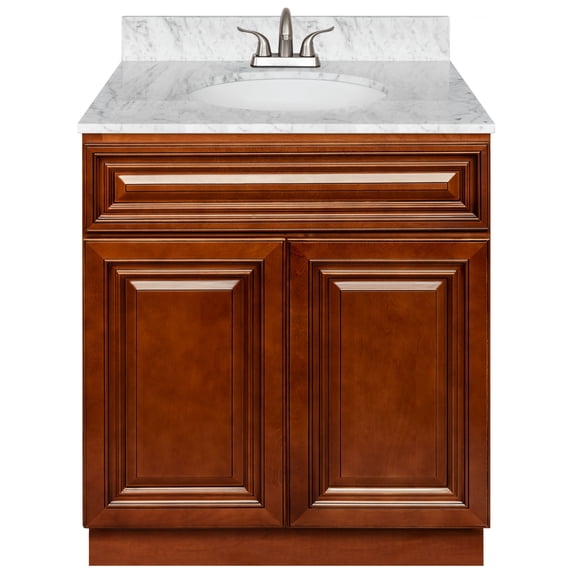 Brown Bathroom Vanity 30", Cara White Marble Top, Faucet LB5B