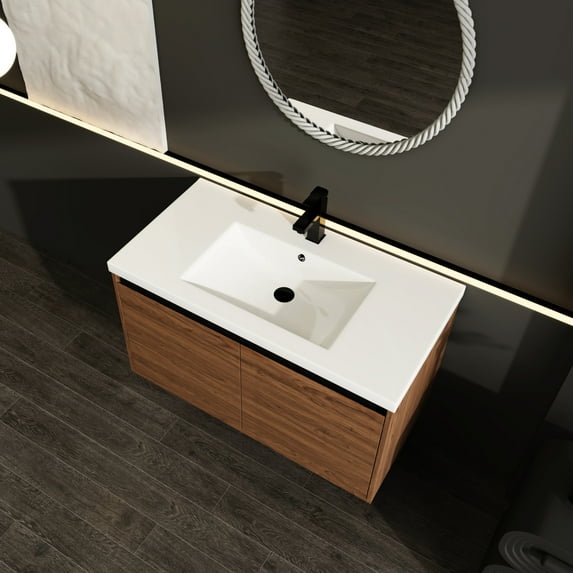 Brown Bathroom Vanity 36 Inch With Resin Sink & 2-door Cabinet - Strong Engineered Wood, Maintains Appearance, Tarnish And Corrosion Proof 36" Countertop American Design For Various Spaces