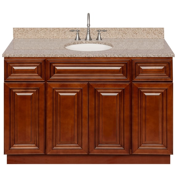 Brown Bathroom Vanity 48", Wheat Granite Top, Faucet LB7B