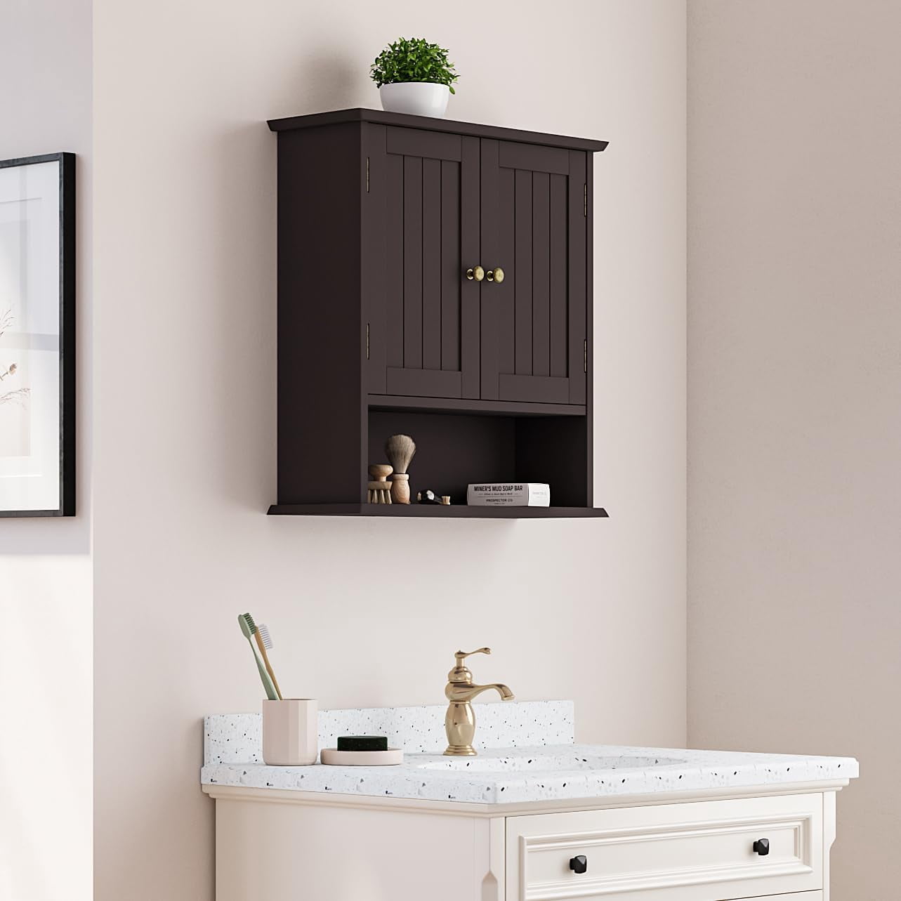 Brown Bathroom Wall Cabinet with Towel Bar - Versatile Storage, Wall ...