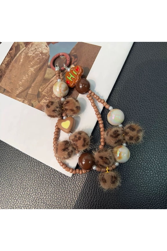 Brown Bead Mobile Phone Strap Lanyard Keychain For iPhone 17 CCD Camera Schoolbag Ins Korea Customized Pendant With Slip Card