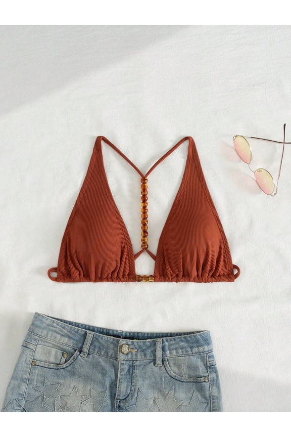 Brown Beaded Triangle Bikini Top With Adjustable Straps For Women