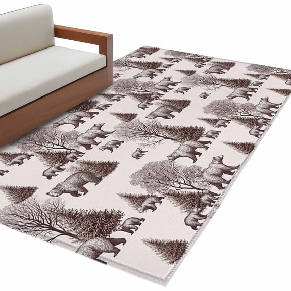 Brown Bear 3'x5' Washable Rug, Hunting Bear Forest Wildlife Animals Vintage Non-Slip Area Rugs for Entryway Kitchen Classroom, Dorm Throw Carpet, Low Pile Soft Indoor Floor Mat