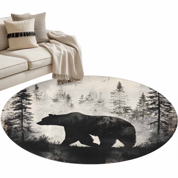 Brown Bear 3ft Area Rug, Retro Forest Nature Tree Silhouette Mountain Washable Non-Slip Small Round Rugs for Entryway Bedroom Kitchen, Soft Circle Carpet for Dining Room, Playroom Nursery Rug