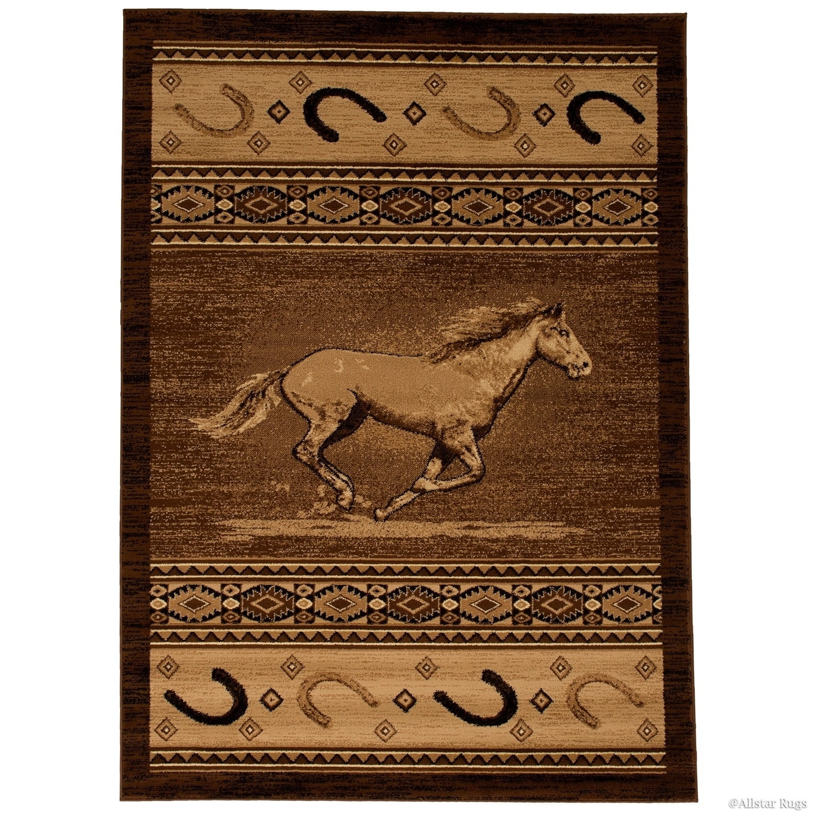 Southwest Horse Shoe Theme Brown and Beige Synthetic Rug