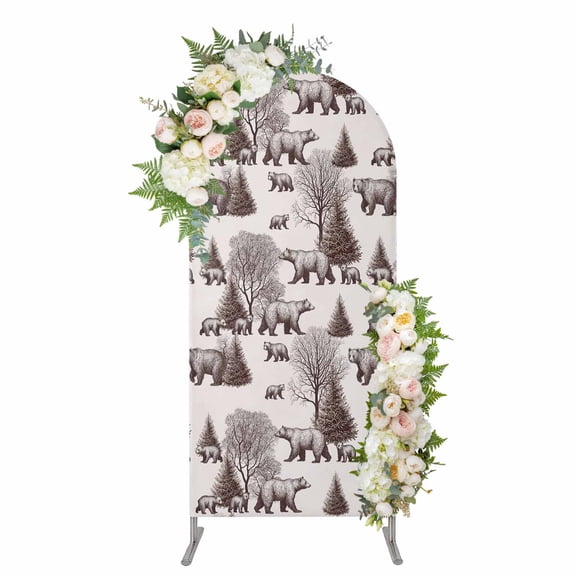 Brown Bear Arch Backdrop Cover 6FT, Hunting Bear Forest Wildlife Animals Vintage Spandex Fitted Stretchy Arch Stand Covers, Round Top Chiara Backdrop Cover for Wedding Party Birthday Baby Shower