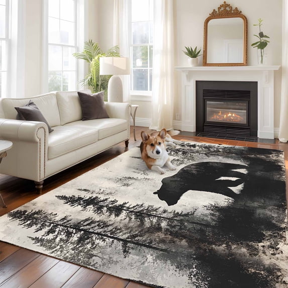 Brown Bear Area Rug 5x8 FT, Non Slip Bedroom Throw Carpet, Retro Forest Nature Tree Silhouette Mountain Washable Soft Floor Carpet Non-Shedding Rug for Living Room Nursery Dorm Office