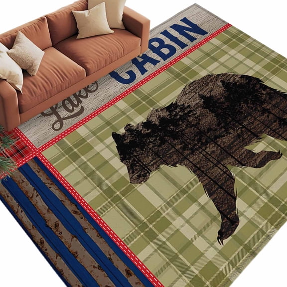 Brown Bear Area Rug 5x8 Washable Rug Non Slip Sage Green Striped Pine Cones Farmhouse Art Large Area Rug Soft Stainresistant Indoor Floor Carpet for Living Room Bedroom Office Dining Room Nursery