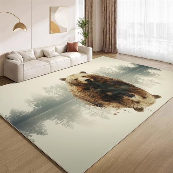 Brown Bear Area Rugs, Hunting Woodland Animal Pattern Carpet, Washable Non Slip Low Pile Soft Rug for Living Room Bedroom Decor Mat 5ftx8ft